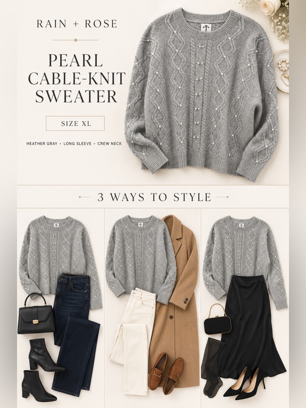 Women's Light Gray Pearl-Embellished Cable Knit Sweater